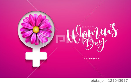 8 March. Happy Women's Day Floral Illustration. International Womens Day Vector Design with Colorful Spring Rose Flower and Female Symbol on Pink Background. Woman or Mother Day Theme Template for 8 March. Happy Women's Day Floral Illustration. International Womens Day Vector Design with Colorful Spring Rose Flower and Female Symbol on Pink Background. Woman or Mother Day Theme Template for 123043957