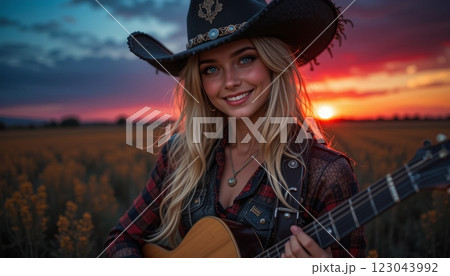 Blonde Woman in Cowboy Hat with Acoustic Guitar and Rural American Landscape Blonde Woman in Cowboy Hat with Acoustic Guitar and Rural American Landscape 123043992