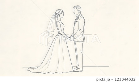 Minimalist Bride and Groom Line Art Holding Hands 123044032