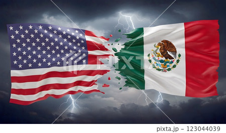 USA-Mexico Flags Breaking Apart in Storm Representing Diplomatic Conflict 123044039