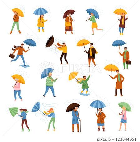 People Holding Umbrella Walk in Rainy Stormy Weather Vector Set People Holding Umbrella Walk in Rainy Stormy Weather Vector Set 123044051