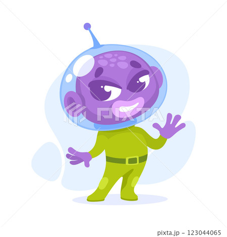 Purple Alien Character in Helmet Wave Hand Vector Illustration. 123044065