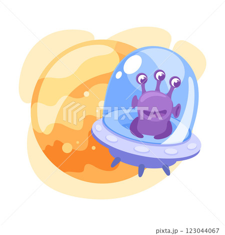 Purple Alien Character in Ufo Shuttle Vector Illustration 123044067