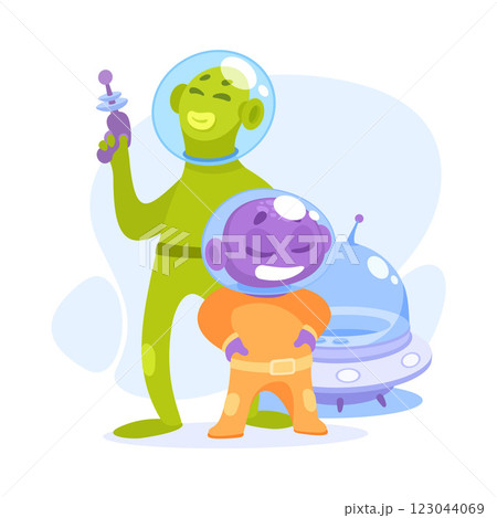Purple Alien Character in Helmet Stand with Pistol Vector Illustration Purple Alien Character in Helmet Stand with Pistol Vector Illustration 123044069