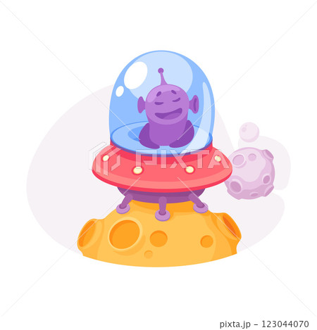 Purple Alien Character in Ufo Shuttle Vector Illustration 123044070