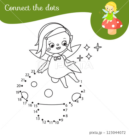 Cute garden fairy elf on mushroom. Connect the dots Children educational game. Dot to dot by numbers activity for kids and toddlers. 123044072