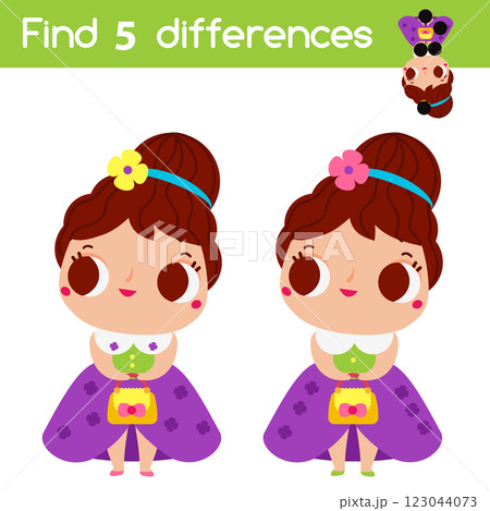 Find the differences educational children game. Kids activity with princess girl Find the differences educational children game. Kids activity with princess girl 123044073