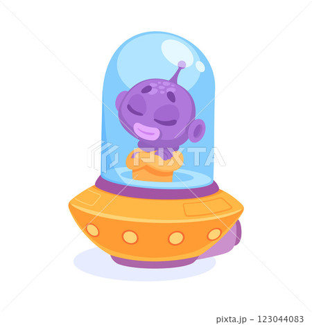 Purple Alien Character in Ufo Shuttle Vector Illustration 123044083