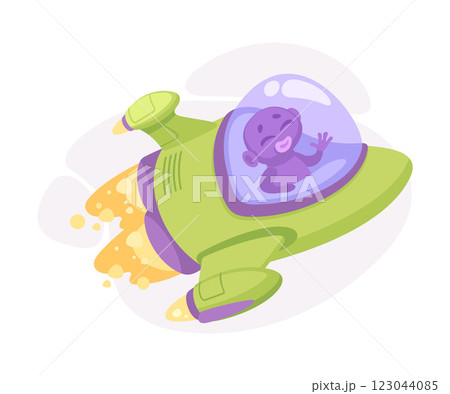 Purple Alien Character in Ufo Shuttle Vector Illustration 123044085