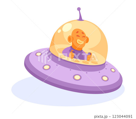 Alien Character Fly in Ufo Shuttle Vector Illustration 123044091