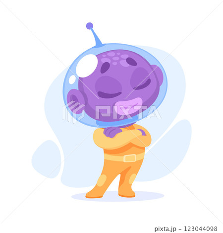 Purple Alien Character in Helmet Stand with Folded Arms Vector Illustration 123044098
