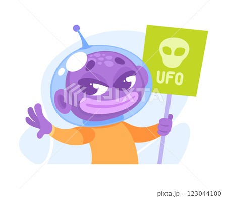 Purple Alien Character in Helmet Hold Banner Vector Illustration 123044100