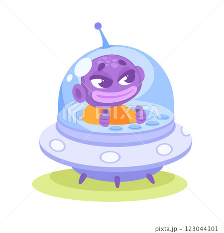 Purple Alien Character in Ufo Shuttle Vector Illustration 123044101