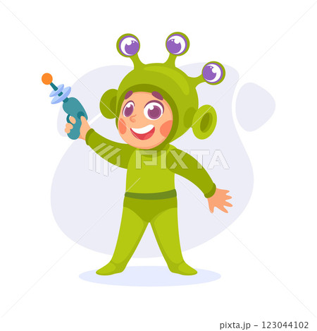 Boy Character in Costume with Weapon Playing Alien Vector Illustration 123044102