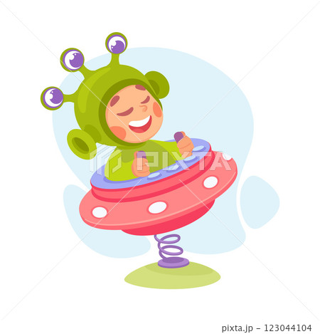 Boy Character in Ufo Shuttle Playing Alien Vector Illustration Boy Character in Ufo Shuttle Playing Alien Vector Illustration 123044104
