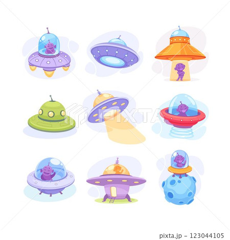 Alien Character in Ufo Shuttle and Spaceship Vector Illustration Set Alien Character in Ufo Shuttle and Spaceship Vector Illustration Set 123044105