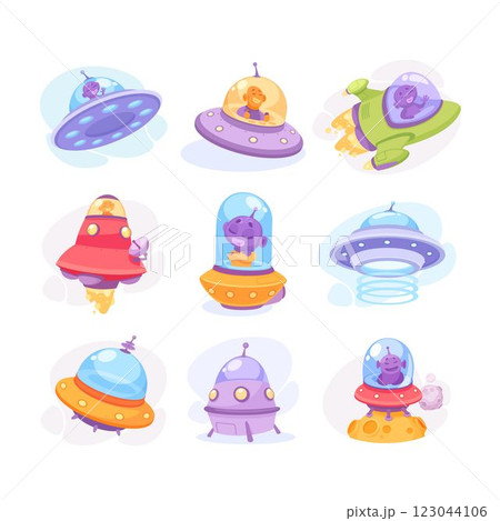 Ufo and Alien Character in Spaceship or Shuttle Vector Set 123044106