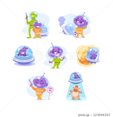 Alien Character in Ufo Shuttle and Spaceship Vector Illustration Set Alien Character in Ufo Shuttle and Spaceship Vector Illustration Set 123044107