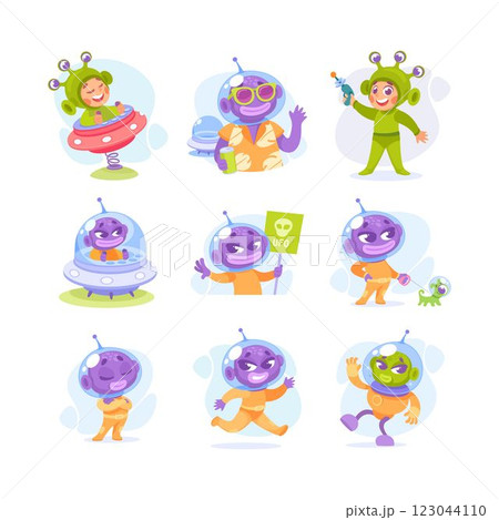 Ufo and Alien Character in Spacesuit and Shuttle Vector Set 123044110