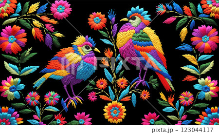 Vector traditional hungarian embroidery. Bright floral ornament with birds on dark background Vector traditional hungarian embroidery. Bright floral ornament with birds on dark background 123044117