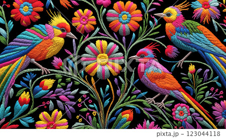 Vector traditional hungarian embroidery. Bright floral ornament with birds on dark background 123044118