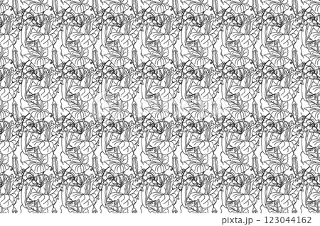 Line art seamless pattern with growing peas, leaves and pods vector illustration. Hand drawn outline repeating vegetables pattern background. Graphic design for Cover Coloring Book Textile Fashion 123044162