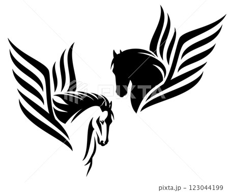 black and white vector design set of mythical pegasus horse with stylized wings 123044199