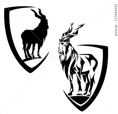 markhor mountain goat in simple heraldic shield black and white vector silhouette and outline design markhor mountain goat in simple heraldic shield black and white vector silhouette and outline design 123044201