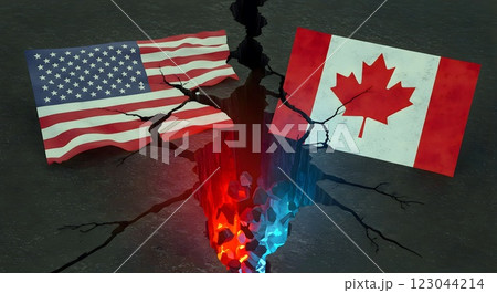 USA and Canada Flags Separated by a Cracked Earth with Glowing Rift USA and Canada Flags Separated by a Cracked Earth with Glowing Rift 123044214