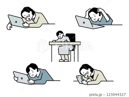 机の上でうなだれる女性イラストのセット 123044327