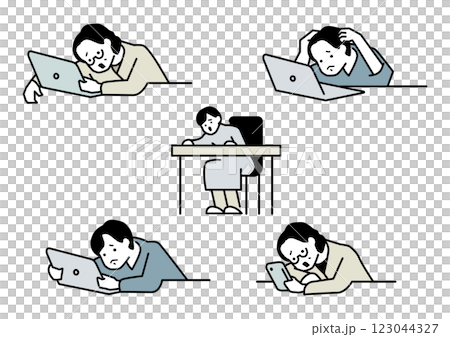 机の上でうなだれる女性イラストのセット 123044327