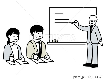 ホワイトボードで説明する男性と、メモを取る人のイラスト 123044329