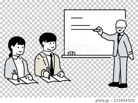 一名男子在白板上解釋，另一名男子在做筆記的插圖 123044329