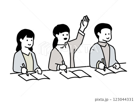 授業や説明を受けてノートとり、挙手する人々のイラスト 123044331
