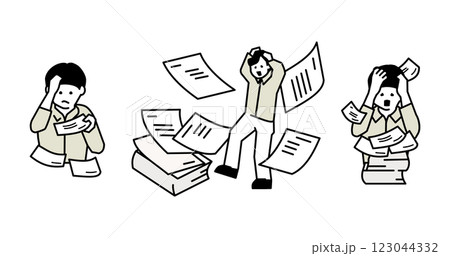 大量の書類に頭を抱える男性のイラストセット 123044332