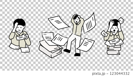 大量の書類に頭を抱える男性のイラストセット 123044332
