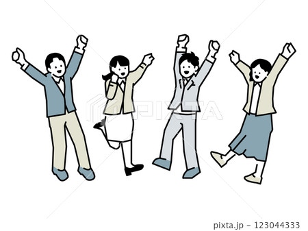 飛んで喜ぶ会社員4人のイラスト 123044333
