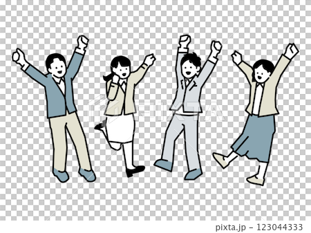 飛んで喜ぶ会社員4人のイラスト 123044333