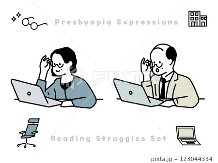 老眼の男女2人とアイコンのイラストセット 123044334