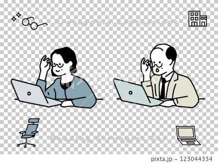 老眼の男女2人とアイコンのイラストセット 123044334