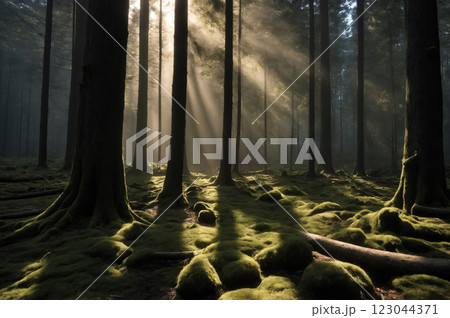 morning fog and bright green in a beautiful forest. landscape 123044371