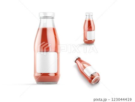 Blank transparent glass tomato juice bottle mockup, different views 123044419