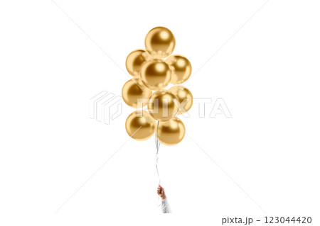 Hand holding blank gold sphere balloon bouquet mockup, isolated 123044420