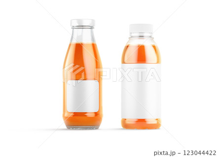 Blank transparent 16 oz plastic and glass carrot juice bottle mockup Blank transparent 16 oz plastic and glass carrot juice bottle mockup 123044422