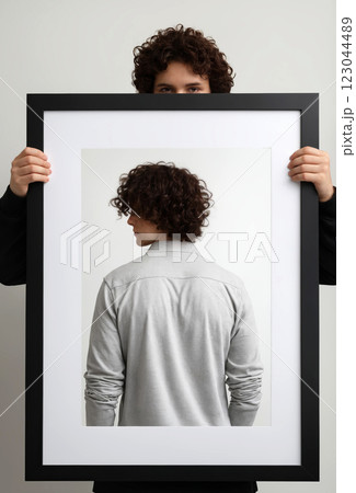 guy holding frame with a photo of himself. Man and Blank picture frame 123044489