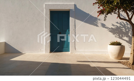 Dayllght greece courtyard with shadow on white wall. Beautiful Mediterranean style background 123044491