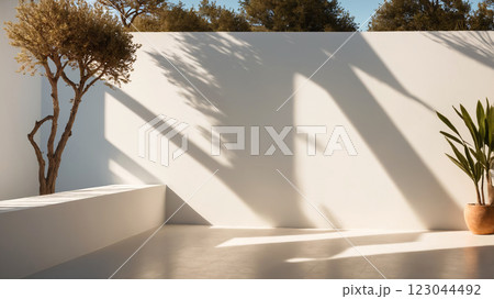 Dayllght greece courtyard with shadow on white wall. Beautiful Mediterranean style background 123044492
