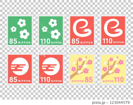 A set of illustrations of 85 yen and 110 yen stamps in various designs 123044579