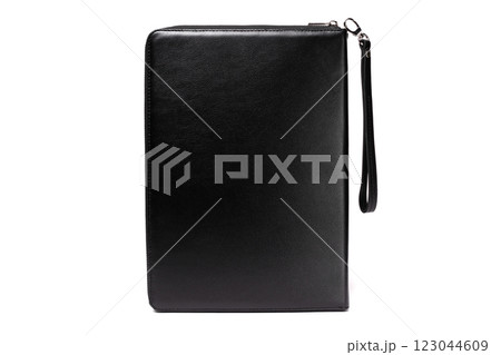 Elegant black leather portfolio organizer with zip closure and wrist strap for professional use Elegant black leather portfolio organizer with zip closure and wrist strap for professional use 123044609