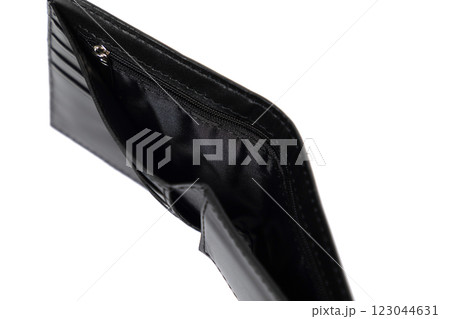 Black leather wallet showcasing interior pockets, designed for everyday use and organization without Black leather wallet showcasing interior pockets, designed for everyday use and organization without 123044631
